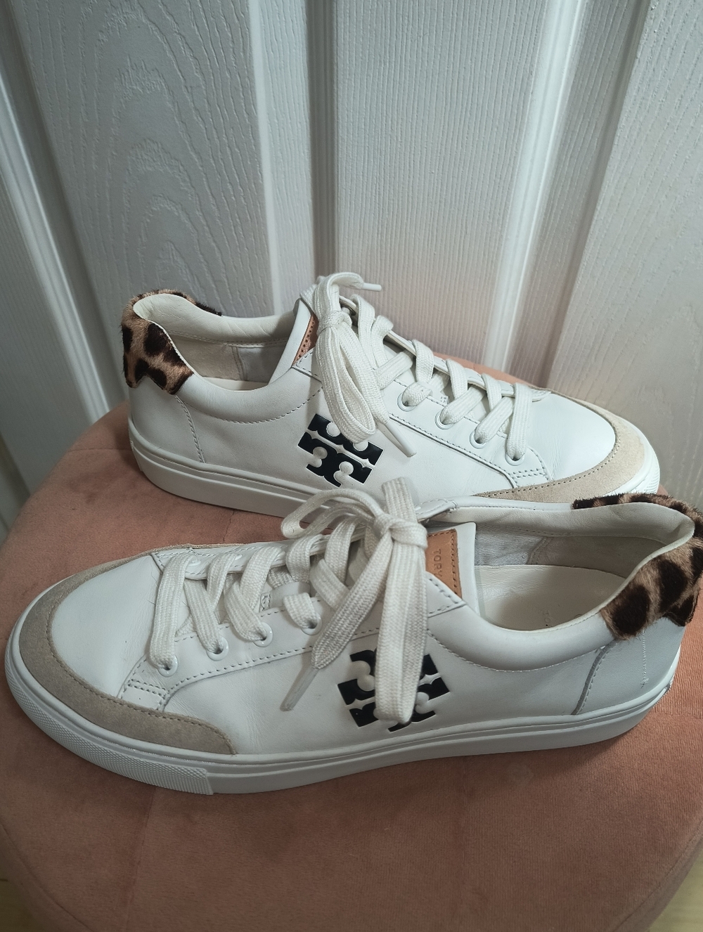 Tory Burch Andrea White Leather Sneaker Leopard Cheetah Print Size 8